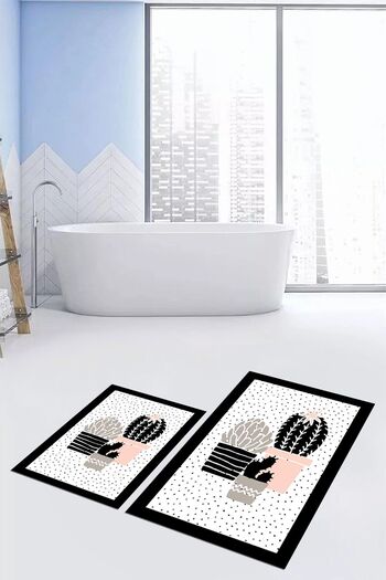 EY HOME Digital Printed Washable Cactus Flower Patterned Double Bathroom Rug Toilet Set, KLZT-22-WHITE,