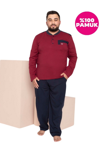 bie's Plus Size Claret Red Navy Blue 3-Button and Pocket Seasonal Long Sleeve Cotton Pajamas Set