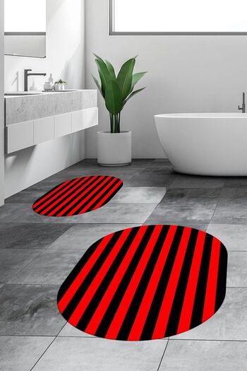 EY HOME Digital Washable Striped Modern Double Bathroom Rug Mat Oval Toilet Set, OKLZT-50-RED,