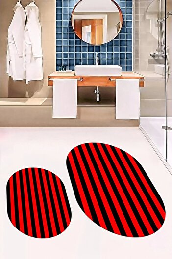 EY HOME Digital Washable Striped Modern Double Bathroom Rug Mat Oval Toilet Set, OKLZT-50-RED,