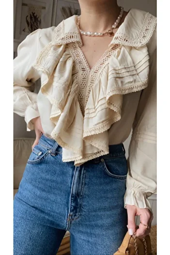 Okyanus Butik Flounced Beige Blouse