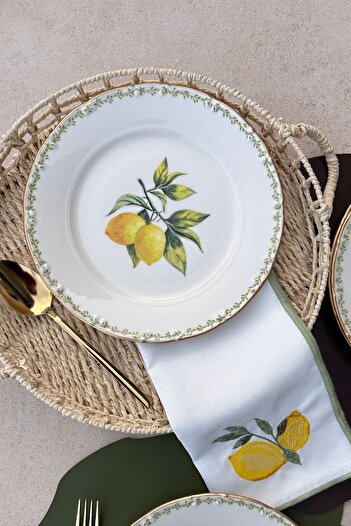 porselenden Green Garden Mat Altın Yaldızlı 25 Cm 6 Kişilik Gold Limon Desenli Porselen Servis Tabağı Takımı