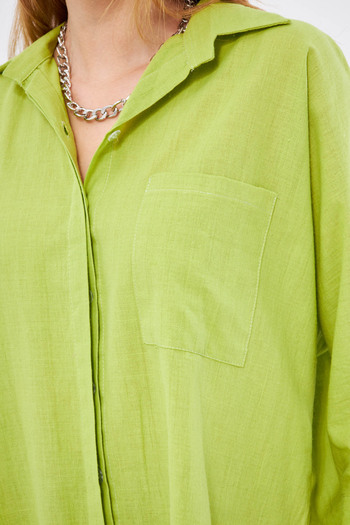 armonika Pistachio Green Linen Shirt - Pockets and Loose, ARM-21Y 001035