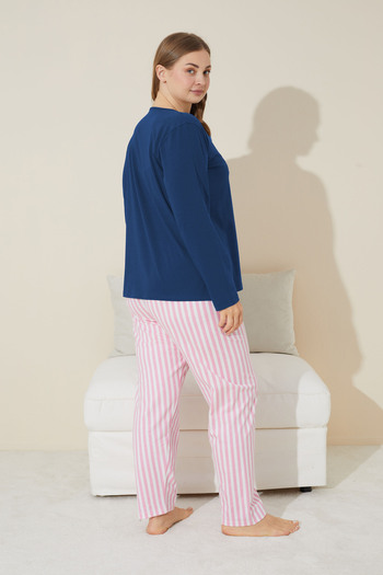 Siyah İnci indigo baskılı Pamuklu Curve Büyük Beden Battal Boy Örme Pijama Takım 24240660