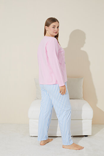 Siyah İnci pembe baskılı Pamuklu Curve Büyük Beden Battal Boy Örme Pijama Takım 24240670