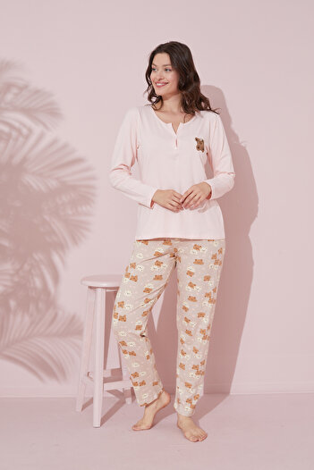 Siyah İnci Cotton Embroidered Knitted Pajama Set - Salmon Buttoned 24240154