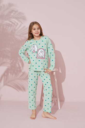 Siyah İnci yeşil baskılı Pamuklu Örme Pijama Takım 24241070