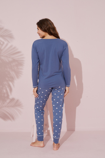 Siyah İnci indigo baskılı Pamuklu Örme Pijama Takım 24241079