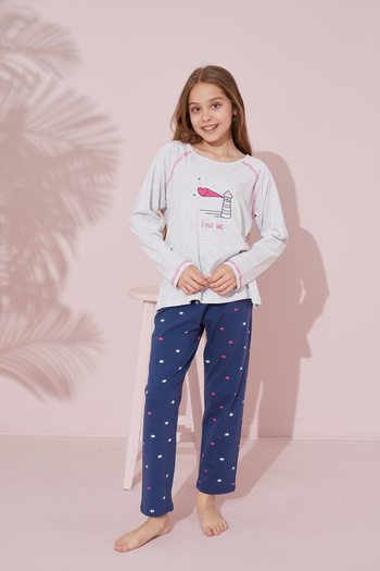 Siyah İnci gri baskılı Pamuklu Örme Pijama Takım 24241111