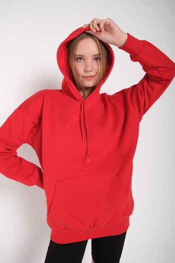 MODAGEN Women's Red Solid Color Hooded Oversize Sweatshirt