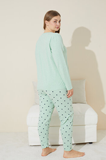 Siyah İnci yeşil baskılı Pamuklu Curve Büyük Beden Battal Boy Örme Pijama Takım 24240666