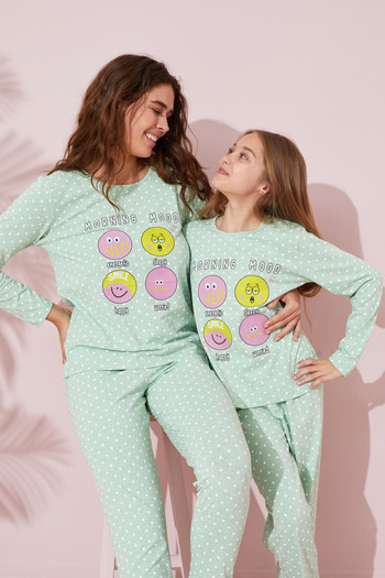 Siyah İnci yeşil baskılı Pamuklu Örme Pijama Takım 24241088