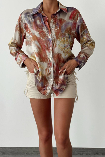 Ortaya Çık Long Sleeve Tie-Dye Pattern Satin Shirt