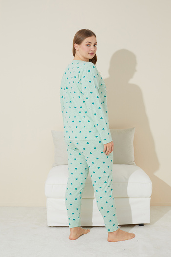 Siyah İnci yeşil baskılı Pamuklu Curve Büyük Beden Battal Boy Örme Pijama Takım 24240673