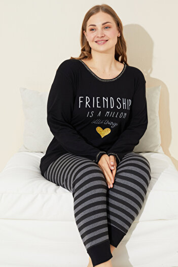 Siyah İnci siyah baskılı Pamuklu Curve Büyük Beden Battal Boy Örme Pijama Takım 24240674