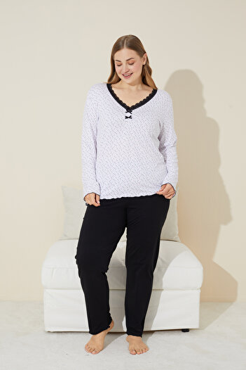 Siyah İnci Set de pijamale din bumbac cu model cu puncte albe de mărime mare - 24240654