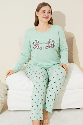 Siyah İnci yeşil baskılı Pamuklu Curve Büyük Beden Battal Boy Örme Pijama Takım 24240643