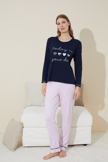 Siyah İnci Navy Blue Printed Cotton Knitted Pajama Set 24240096