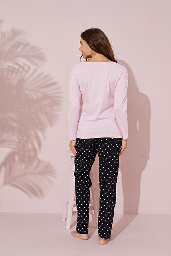 Siyah İnci pembe baskılı Pamuklu Örme Pijama Takım 24241101