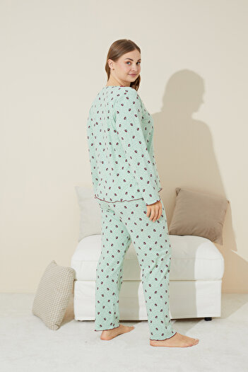 Siyah İnci yeşil çiçek desenli Pamuklu Curve Büyük Beden Battal Boy Örme Pijama Takım 24240624