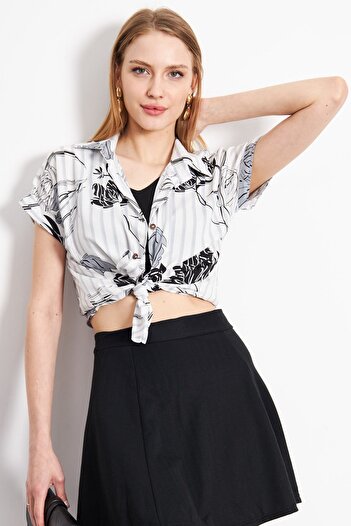 armonika Light Gray Patterned Women's Shirt - Short Sleeve, ARM-22Y001052