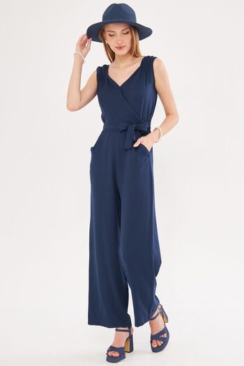 armonika Navy Blue Double Breasted Collar and Shoulder Detailed V Belted Long Women's Jumpsuit - ARM-24Y001049