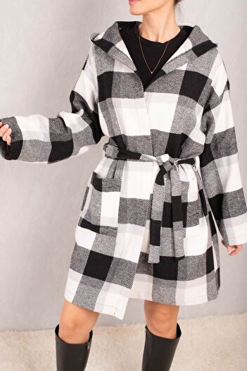 armonika Women's Light Gray Belted Waist Pocket Hooded Oversize Cashmere Coat ARM-24K001054