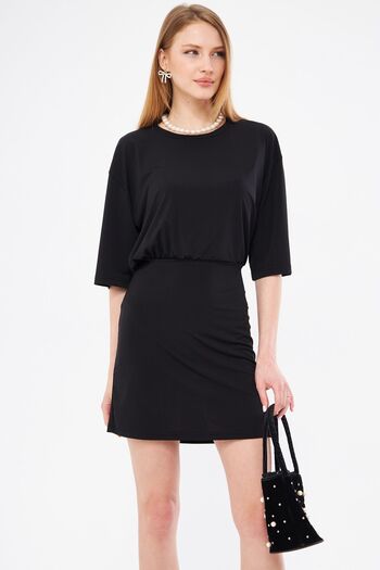 armonika Women's Black Gathered Waist Oversize Short Sleeve Skirt Tight Mini Dress ARM-24Y001033
