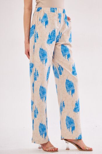 armonika Women's Blue Ena Trousers with Elastic Waist and Pocket Detail Linen Look Wide Leg ARM-24Y001021