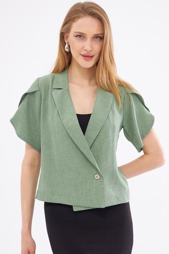 armonika Green Crop Women's Jacket - Slit Detail, Short Sleeve ARM-24Y001048