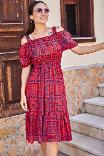 armonika Women's Coral Checkered Floral Patterned Strappy Elastic Waist Dress