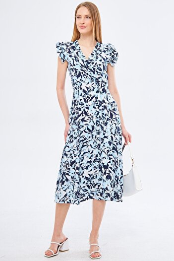 armonika Rochie Miden albastru bebeluș pentru femei, cu guler dublu, cu umăr, cu volan, cu talie elastică detaliată, lungime midi ARM-24Y001020