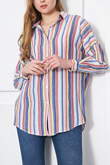 armonika Gelb gestreiftes Oversize-Lang-Basic-Shirt für Damen ARM-24K001061