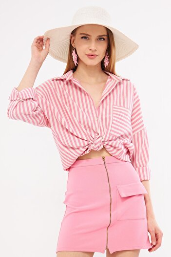 armonika Fuchsia gestreiftes Oversize-Hemd - Lange Ärmel und Taschendetail, Plissiert ARM-24Y001057