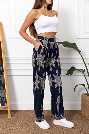 armonika Women's Navy Blue Patterned Wide Leg Trousers ARM-23Y001124