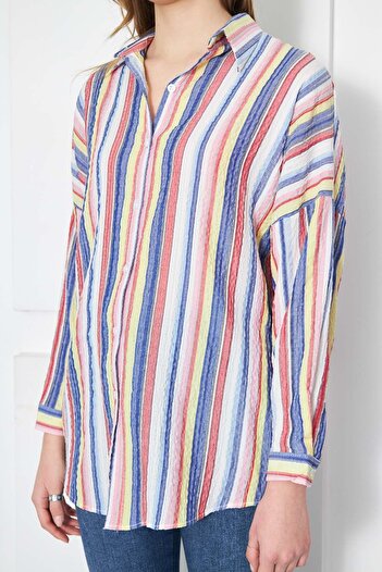 armonika Gelb gestreiftes Oversize-Lang-Basic-Shirt für Damen ARM-24K001061