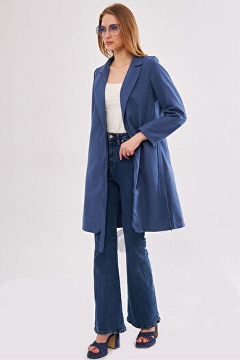 armonika Women's Dark Blue Side Tie Long Coat ARM-24Y001019
