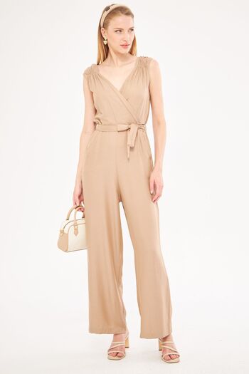armonika Milk Brown Colored Long Women's Jumpsuit with Double Breasted Collar and Shoulder Detail - V Belted, ARM-24Y001049