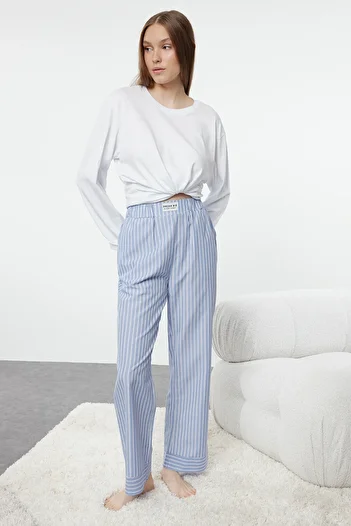 Trendyol Collection Pantaloni de pijama cu dungi albastre țesute - Detaliu etichetă THMAW25PJ00001