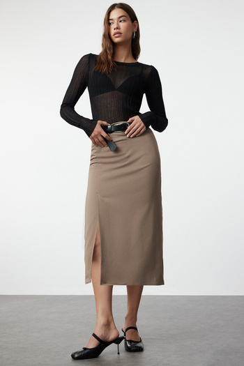 Trendyol Collection Dark Beige Midi Skirt with Ederli Fabric - Slit Detail TWOAW25ET00045