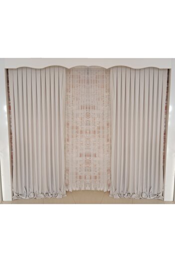 FİGENSİ Bone Colored Background Velvet Curtain - Double Blades, Close Pleated Planting V-42