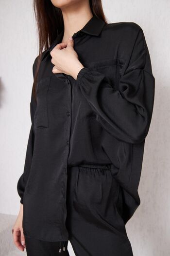 comstar Women's Oversize Shirt Elastic Waist Trousers Black Double Set