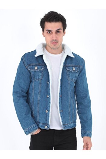 comstar Men's Trendy Winter Fur Lined Denim Jacket Navy Blue