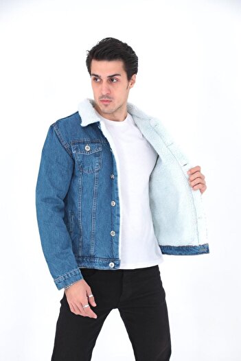 comstar Men's Trendy Winter Fur Lined Denim Jacket Navy Blue