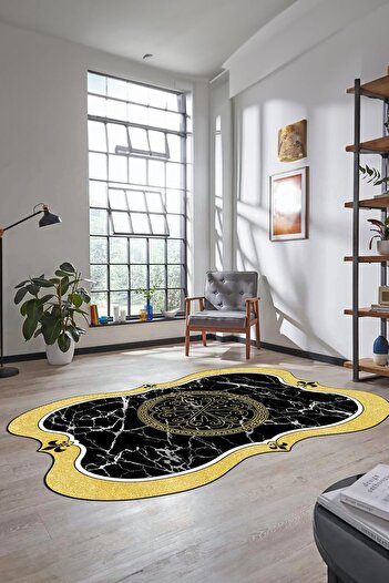 EY HOME Laser-12-Gold Marble Patterned Non-Slip Carpet - Washable Laser Cut Kitchen Living Room