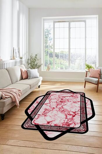 EY HOME Laser-29-Red Marble Washable Non-Slip Framed Runner - Kitchen Living Room Carpet