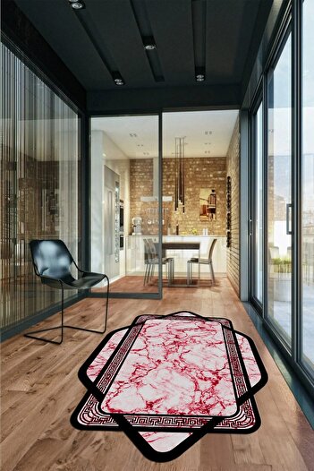 EY HOME Laser-29-Red Marble Washable Non-Slip Framed Runner - Kitchen Living Room Carpet