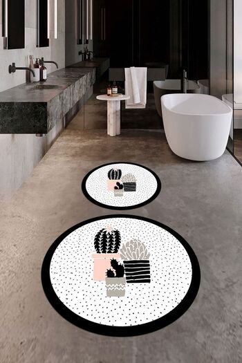 EY HOME Digital Washable Cactus Flower Pattern Double Round Bathroom Rug Toilet Set, YKLZT-22-WHITE,