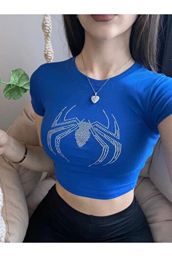 1blood Mavi Örümcek Spider Parıltılı Taş Baskılı Crop Body