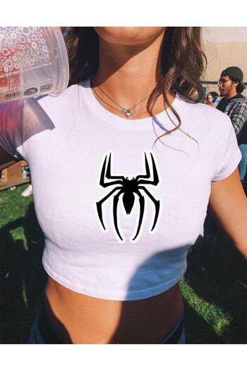 1blood Y2K Street Style Λευκό Γυναικείο Μαύρο Spiderman με μοτίβο αράχνης με κοντό μανίκι Crop Body